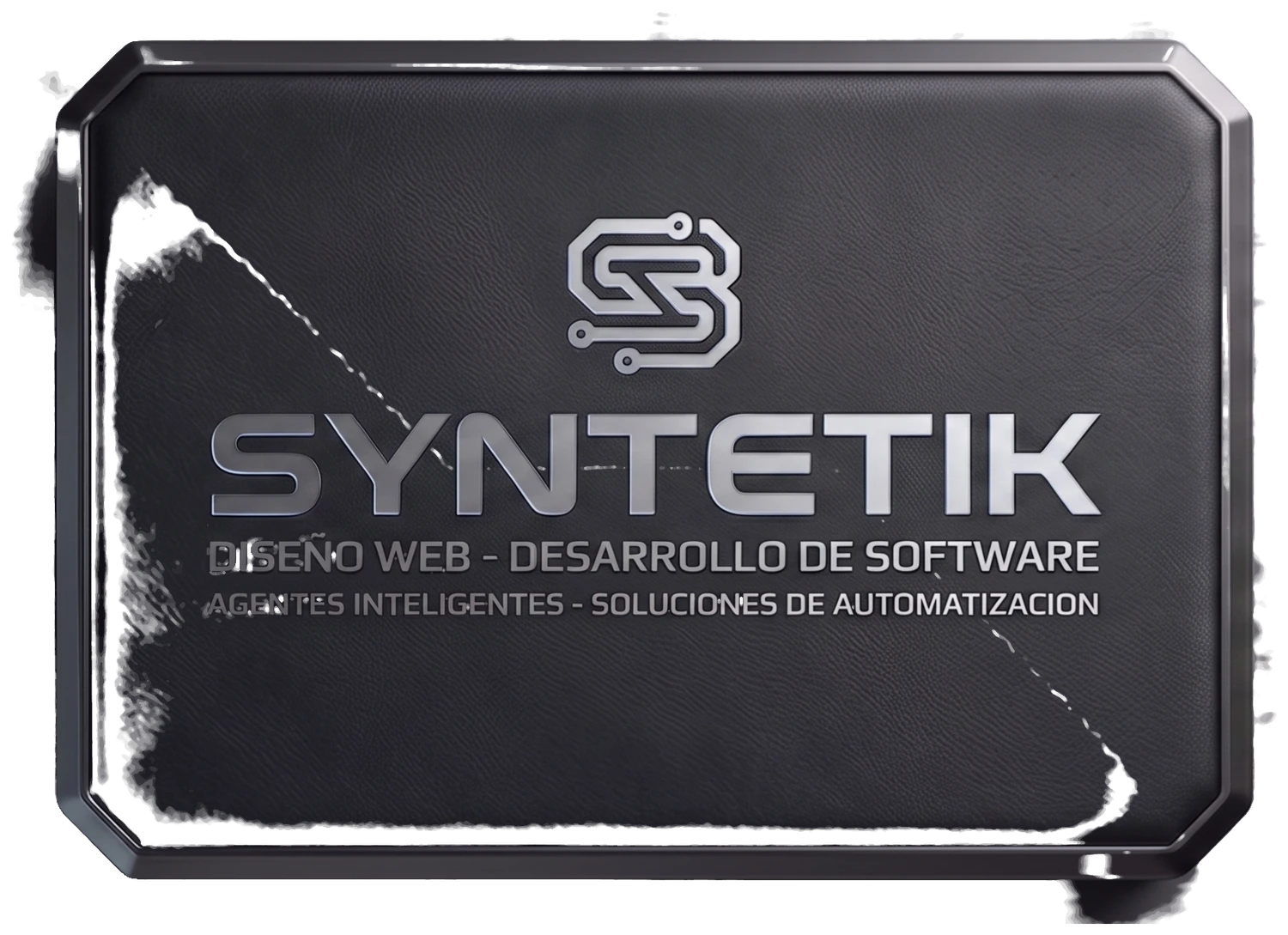Syntetik — placa con el logo: diseño web, desarrollo de software, agentes inteligentes y soluciones de automatización